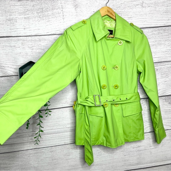 Vintage Braetan Bright Lime Green Double-Breasted Belted Trench Coat Size Small - Picture 4 of 13